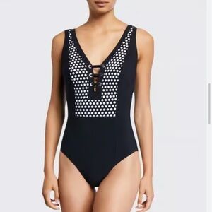 Shan Nikko Plunge Black One Piece Swimsuit size 10 nwt